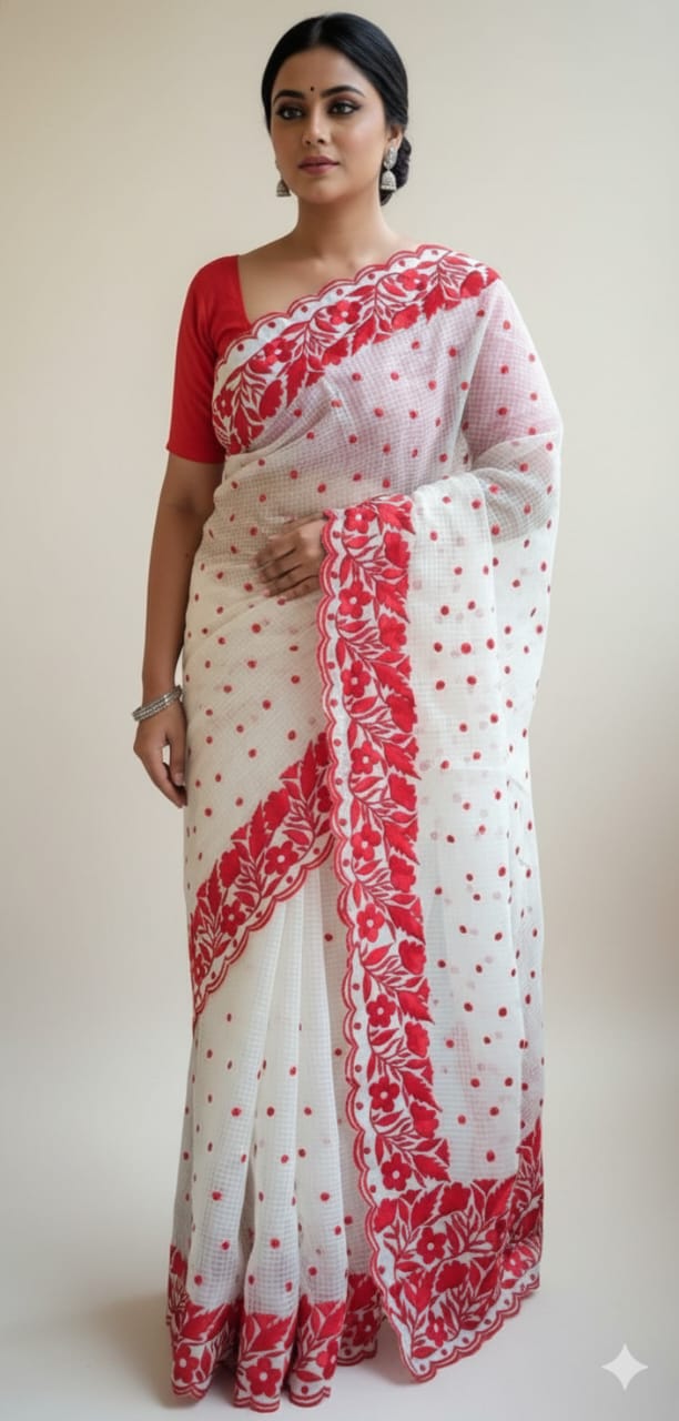 Red and White Embroidered Saree