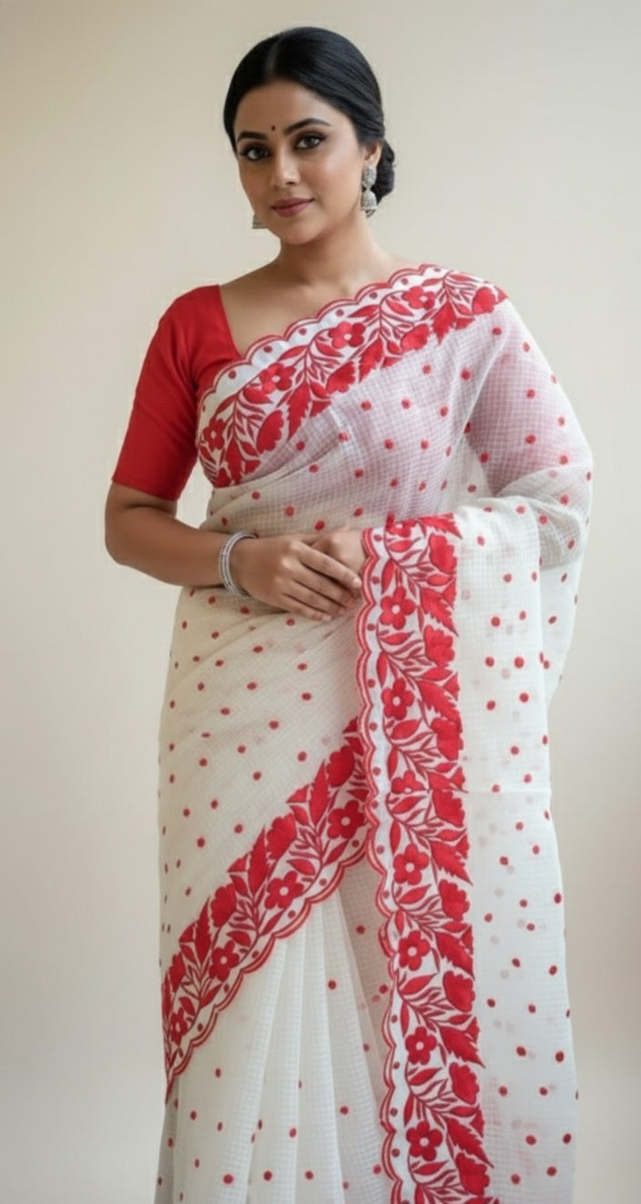 Red and White Embroidered Saree