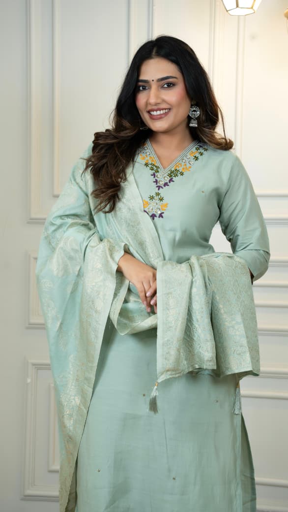 Elegant Light Green Embroidered Kurta with Jacquard Dupatta – Perfect for Festive and Party Wear