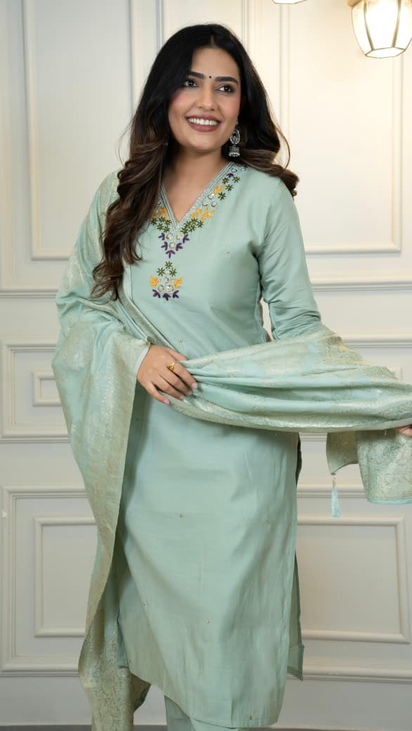 Elegant Light Green Embroidered Kurta with Jacquard Dupatta – Perfect for Festive and Party Wear