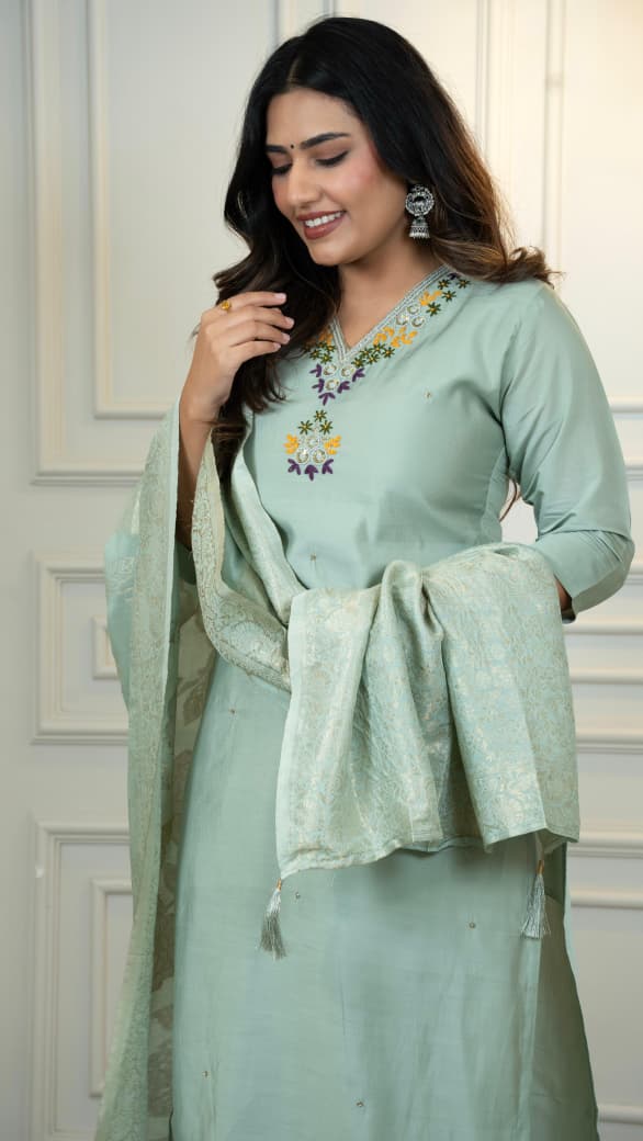 Elegant Light Green Embroidered Kurta with Jacquard Dupatta – Perfect for Festive and Party Wear
