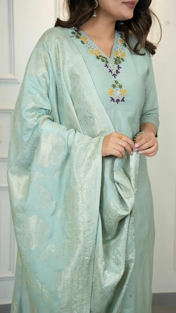 Elegant Light Green Embroidered Kurta with Jacquard Dupatta – Perfect for Festive and Party Wear