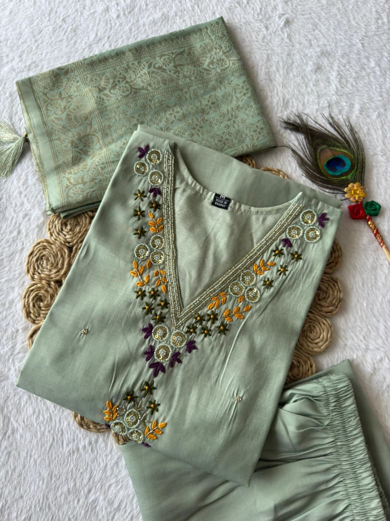 Elegant Light Green Embroidered Kurta with Jacquard Dupatta – Perfect for Festive and Party Wear