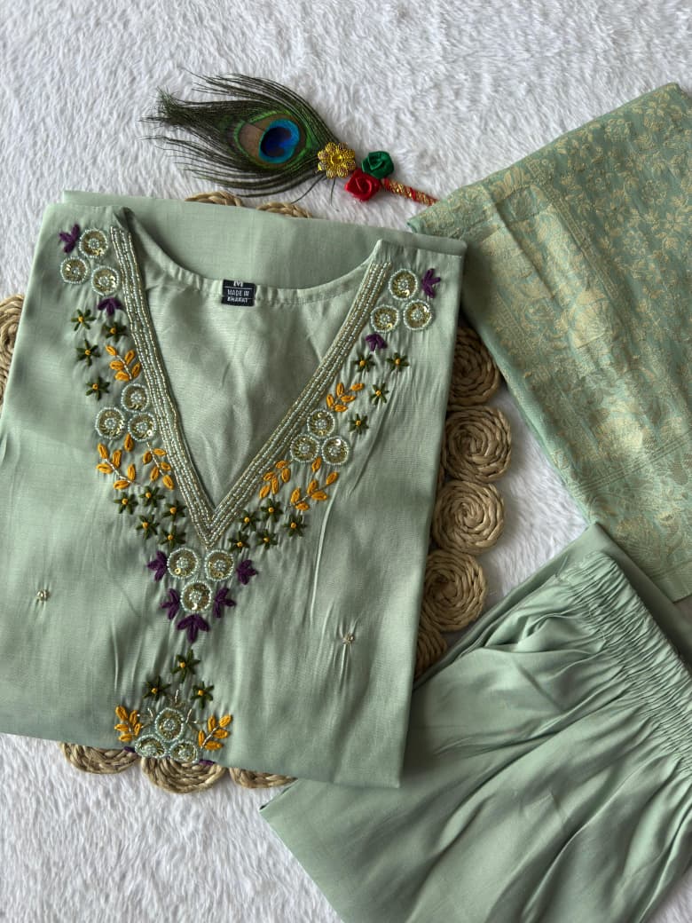 Elegant Light Green Embroidered Kurta with Jacquard Dupatta – Perfect for Festive and Party Wear