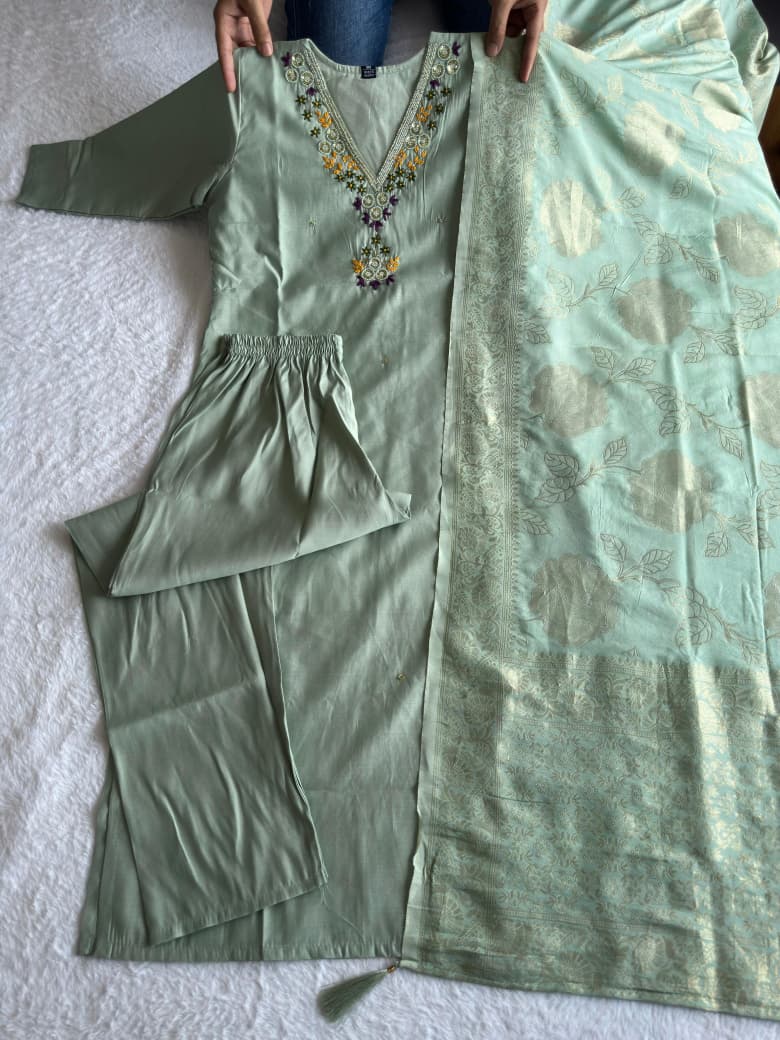 Elegant Light Green Embroidered Kurta with Jacquard Dupatta – Perfect for Festive and Party Wear