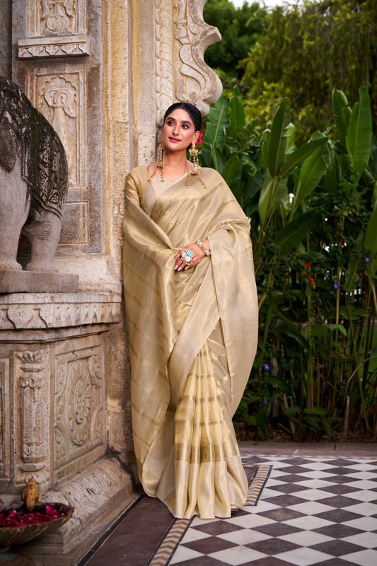 Elegant Gold Tissue Saree with Zari Weaving and Matching Blouse – Perfect for Weddings & Festive Wear