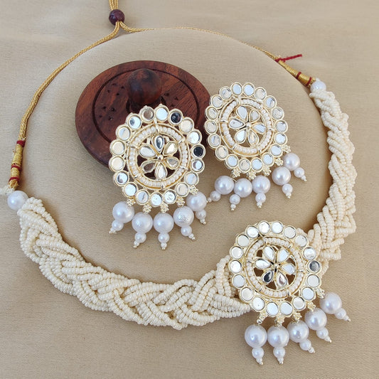 Elegant Kundan Pearl Choker Necklace Set with Matching Earrings for Women – Traditional Jewelry